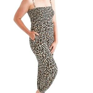 POSH PEANUT Women's 3X Leopard Tan Bamboo Sleeveless Smocked Jumpsuit Pockets